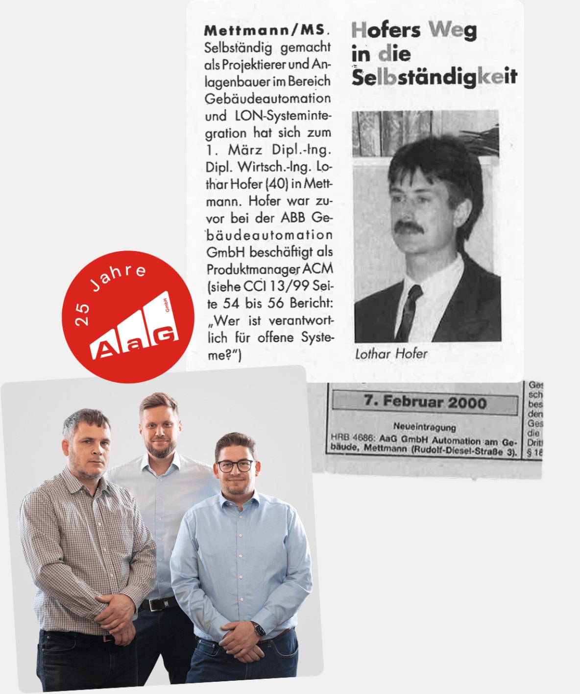 Bildcollage zum 25-jährigen Bestehen: der Zeitungsausschnitt „Hofers Weg in die Selbständigkeit“ mit Porträt von Lothar Hofer, die Handelsregister-Neueintragung vom 7. Februar 2000, das Signet „25 Jahre AaG“ und ein aktuelles Foto von Stefan Paul, Sascha Klingenberg und Robin Walder (von links)